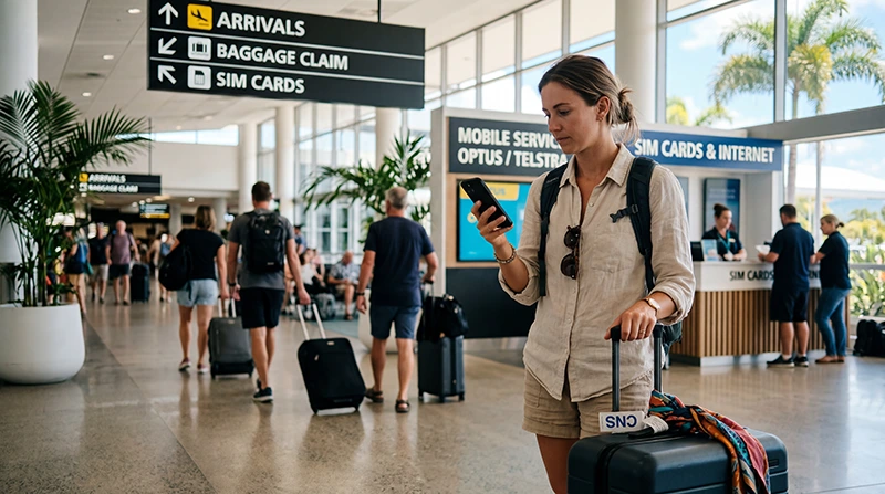 Tourist buying a SIM card at Cairns Airport after arriving in Australia
