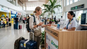 Tourist buying a prepaid SIM card at Cebu Airport arrival terminal in the Philippines