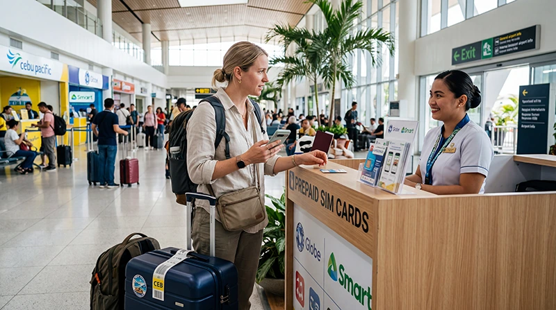 Tourist buying a prepaid SIM card at Cebu Airport arrival terminal in the Philippines