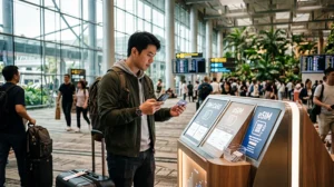 Traveler using mobile internet at Singapore Changi Airport after arrival