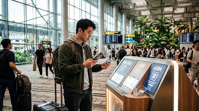 Traveler comparing Changi Airport SIM card and Singapore eSIM for mobile internet