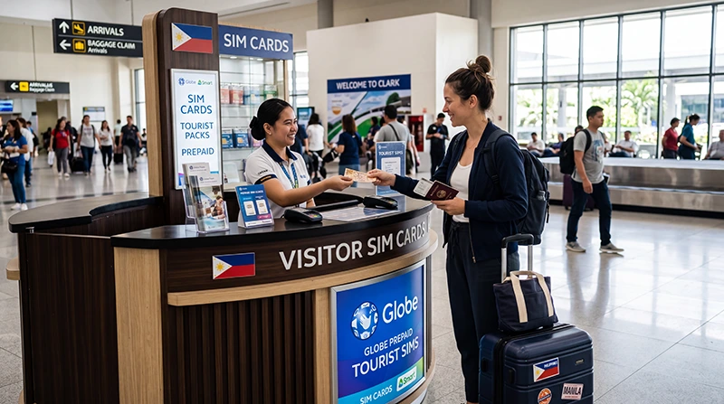 Tourist buying a prepaid SIM card at Clark International Airport in the Philippines