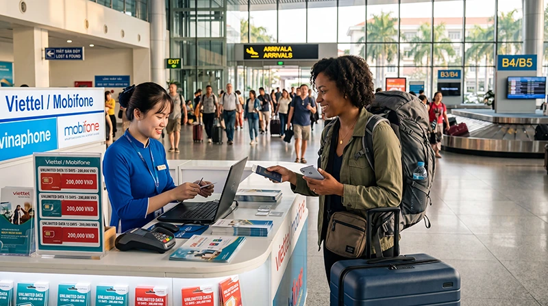 Traveler buying a SIM card at Da Nang Airport after arriving in Vietnam