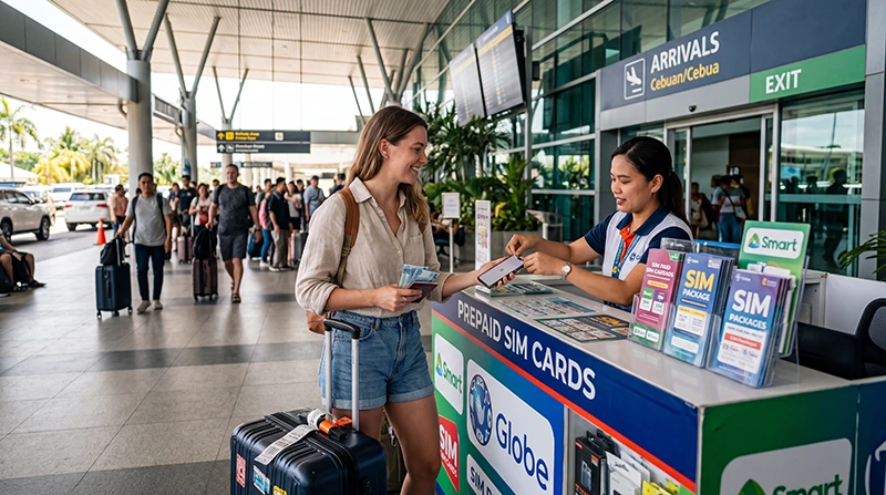 Tourist purchasing a prepaid SIM card at Davao International Airport arrival terminal in the Philippines