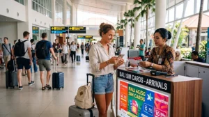 Tourist buying a SIM card at Denpasar Airport in Bali after arriving in Indonesia