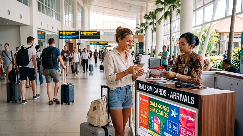 Tourist buying a SIM card at Denpasar Airport in Bali after arriving in Indonesia