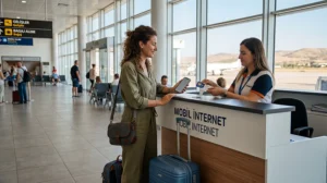 Traveler comparing SIM card and eSIM options after arriving at Ercan Airport in North Cyprus