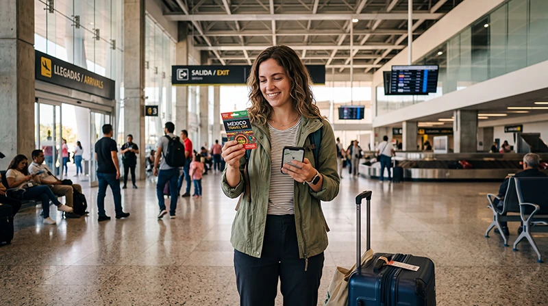 Traveler buying a prepaid SIM card after arriving at Guadalajara Airport in Mexico