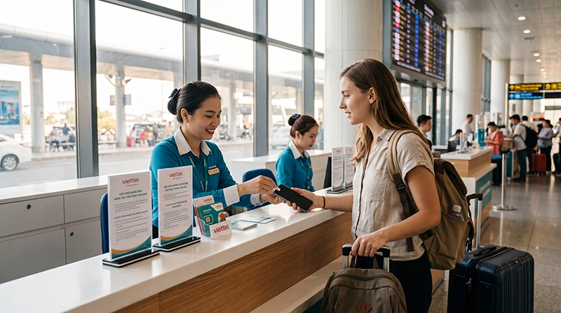 Tourist buying a SIM card at Ho Chi Minh City Airport in Vietnam