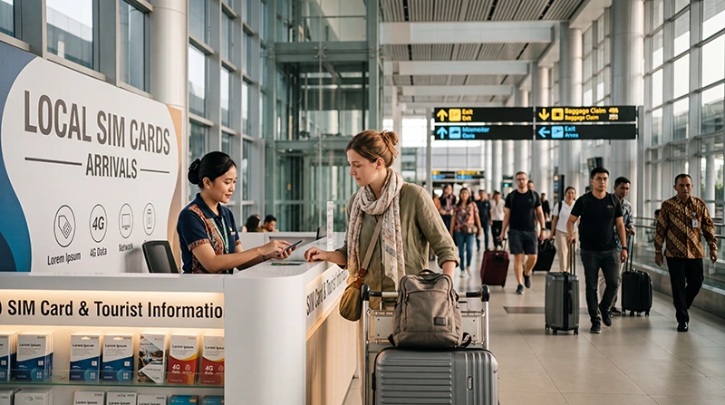Tourist buying a SIM card at Jakarta Airport after arriving in Indonesia