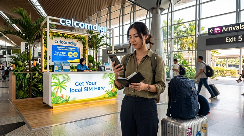 Traveler looking for a SIM card at KLIA Airport after arriving in Malaysia