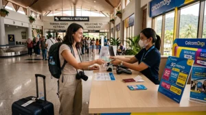 Traveler buying a SIM card at Langkawi Airport in Malaysia after arrival