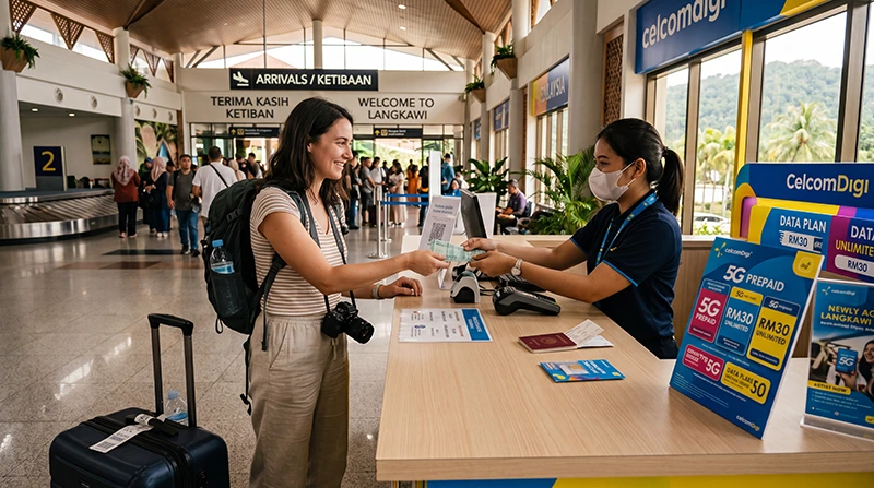Traveler buying a SIM card at Langkawi Airport in Malaysia after arrival