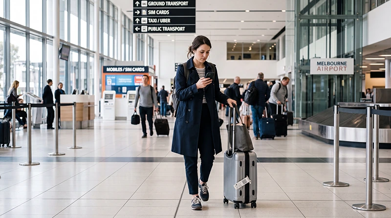 Tourist buying a SIM card at Melbourne Airport after arriving in Australia