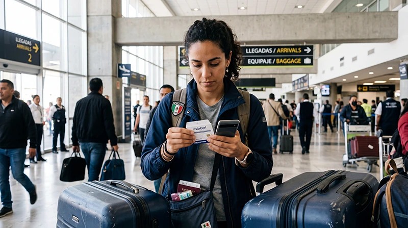 Traveler buying SIM card at Mexico City Airport after arriving in Mexico