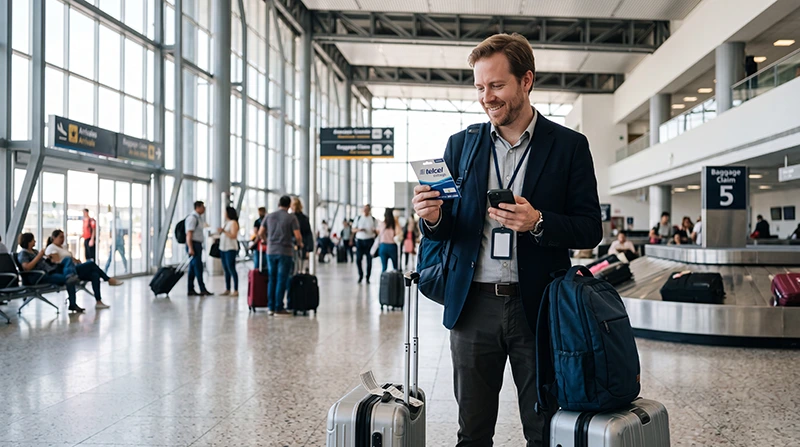 Traveler purchasing a prepaid SIM card after arriving at Monterrey International Airport