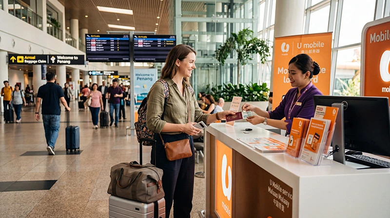 Traveler buying a SIM card at Penang Airport in Malaysia after arrival