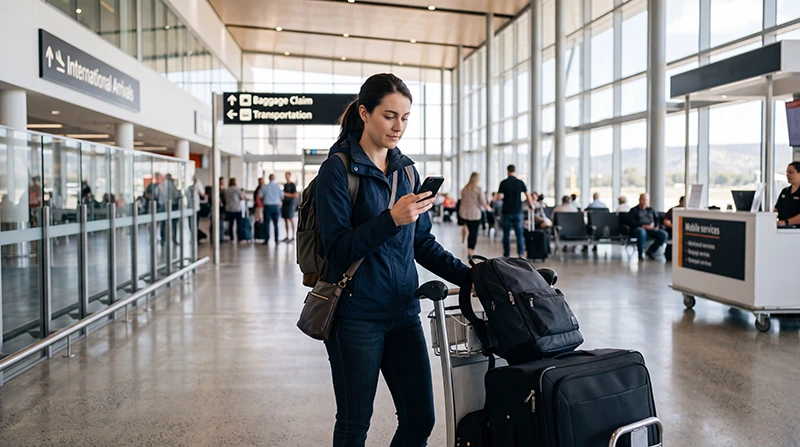 Tourist buying a SIM card at Perth Airport after arriving in Australia
