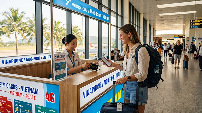 Traveler buying a SIM card at Phu Quoc Airport in Vietnam