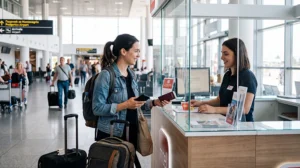 Traveler buying a SIM card at Podgorica Airport in Montenegro