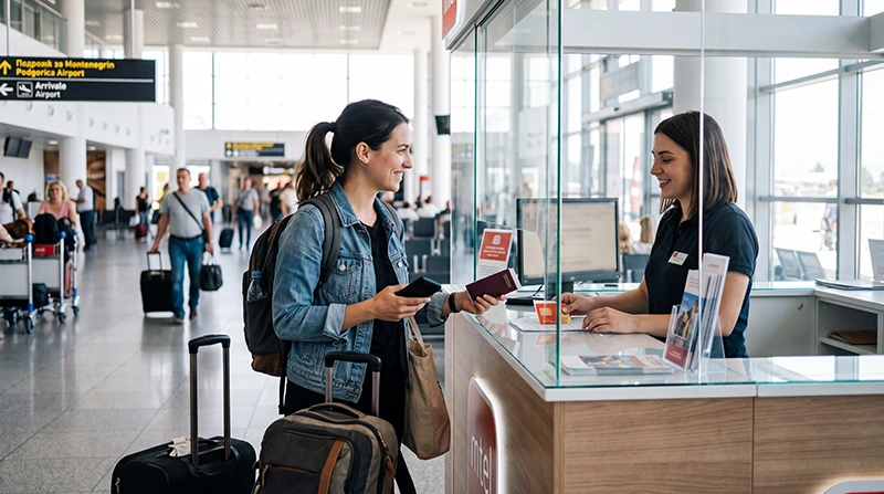 Traveler buying a SIM card at Podgorica Airport in Montenegro