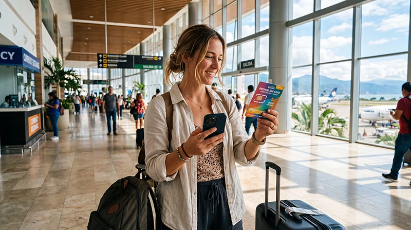 Traveler purchasing a prepaid SIM card after arriving at Puerto Vallarta International Airport