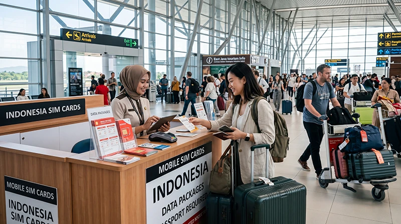 Tourist buying a SIM card at Surabaya Airport after arriving in Indonesia