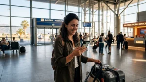 Tourist buying mobile internet after arriving at Thessaloniki Airport