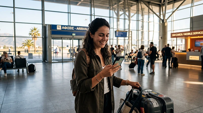 Tourist buying mobile internet after arriving at Thessaloniki Airport
