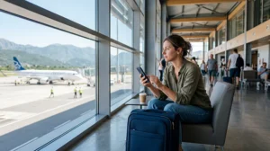 Traveler buying a SIM card at Tivat Airport in Montenegro