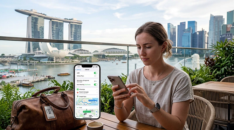 iPhone user installing Singapore eSIM for mobile data, WhatsApp, maps and travel apps