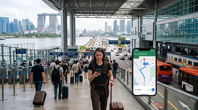 Traveler using mobile internet while crossing the Singapore Malaysia border with eSIM connectivity