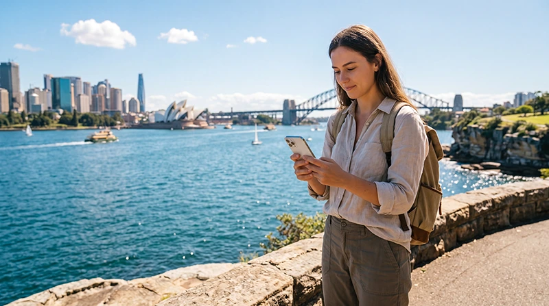 Traveler using unlimited data eSIM while exploring Australia