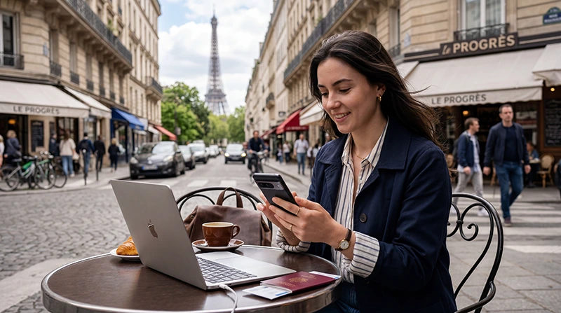 Traveler using unlimited data France eSIM for mobile internet while traveling in France