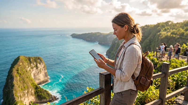 Traveler using unlimited data eSIM on a smartphone while traveling across Bali, Lombok and Indonesia