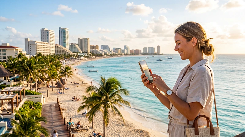 Traveler using unlimited data eSIM on smartphone while traveling in Mexico