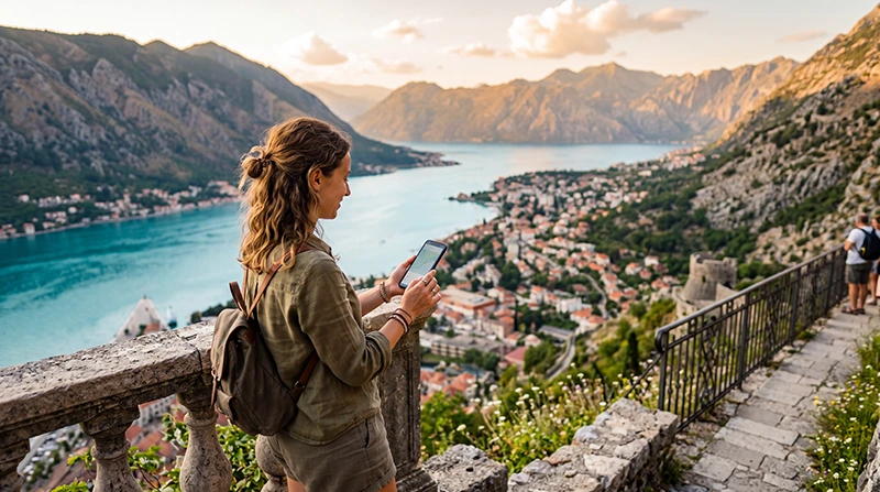 Traveler using unlimited mobile data with an eSIM in Montenegro