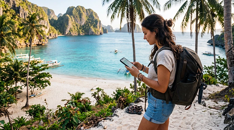 Traveler using unlimited data eSIM while exploring tropical islands in the Philippines