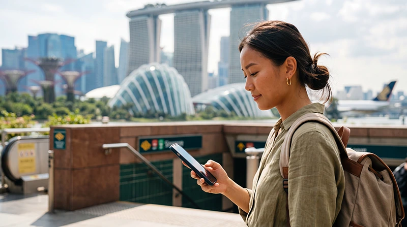 Traveler using unlimited data eSIM in Singapore for video streaming, maps, Grab and travel apps