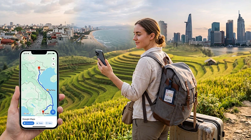 Traveler using unlimited data eSIM while exploring Vietnam