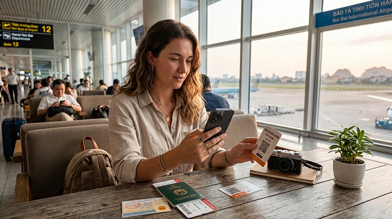 Traveler installing and using a Vietnam eSIM on iPhone before a trip