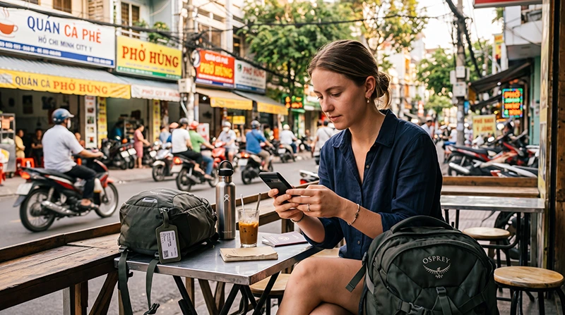 Traveler checking roaming charges and mobile internet options while traveling in Vietnam