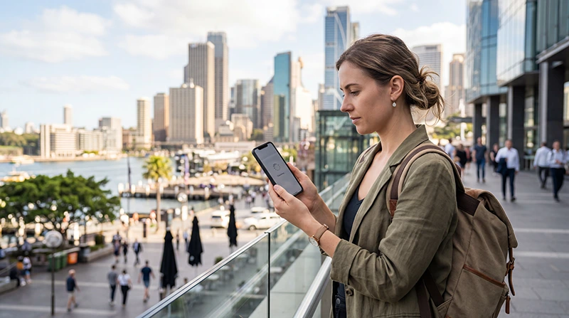 Traveler checking slow eSIM mobile data speed while visiting Australia