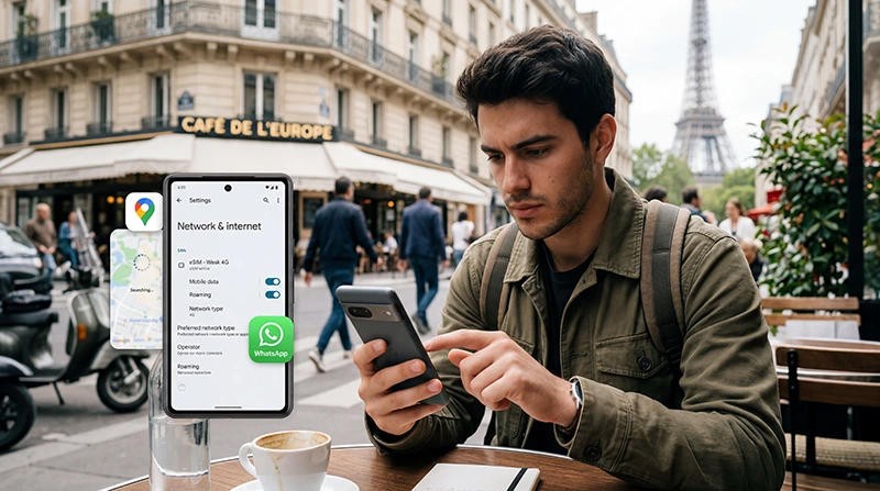 Traveler troubleshooting slow France eSIM mobile internet on smartphone
