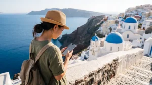 Traveler checking a slow eSIM internet connection while traveling in Greece