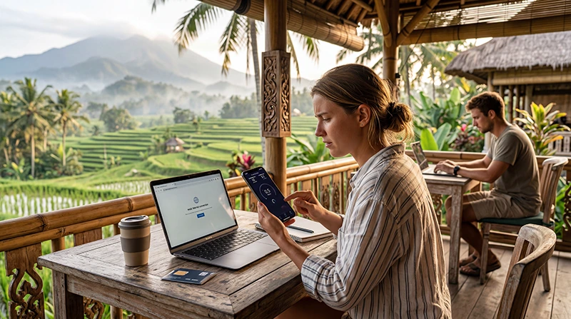 Traveler experiencing slow eSIM internet speeds in Indonesia while using a smartphone in Bali