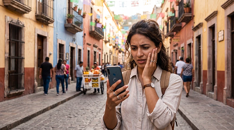 Traveler checking slow eSIM mobile internet speed on a smartphone in Mexico