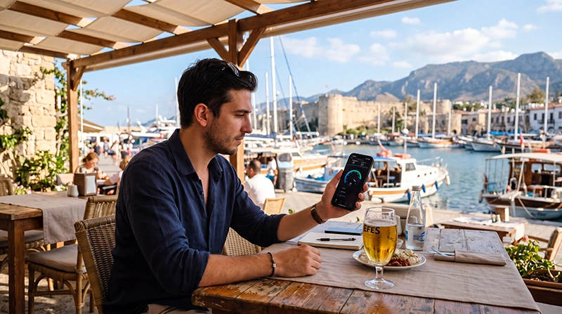 Traveler checking mobile internet performance with an eSIM in North Cyprus