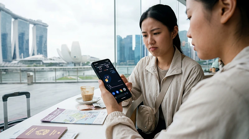 Traveler troubleshooting slow Singapore eSIM speed on smartphone with mobile data settings