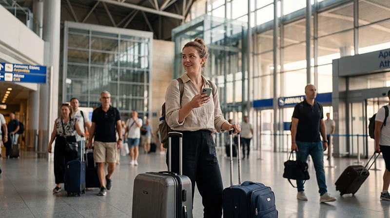 Tourist using airport WiFi and mobile internet at Athens Airport